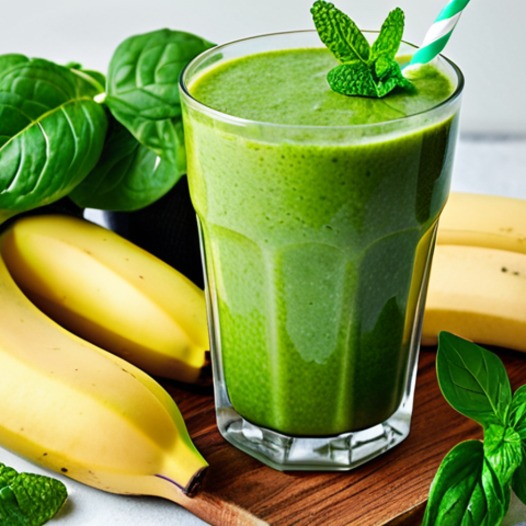 **Image Prompt:** Refreshing green smoothie with spinach, green apple, banana, mint, and spearmint, garnished with fresh herbs. Focus on vibrant colors and healthy ingredients, emphasizing the energy boost. Natural light.