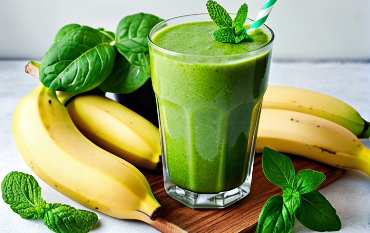 **Image Prompt:** Refreshing green smoothie with spinach, green apple, banana, mint, and spearmint, garnished with fresh herbs. Focus on vibrant colors and healthy ingredients, emphasizing the energy boost. Natural light.