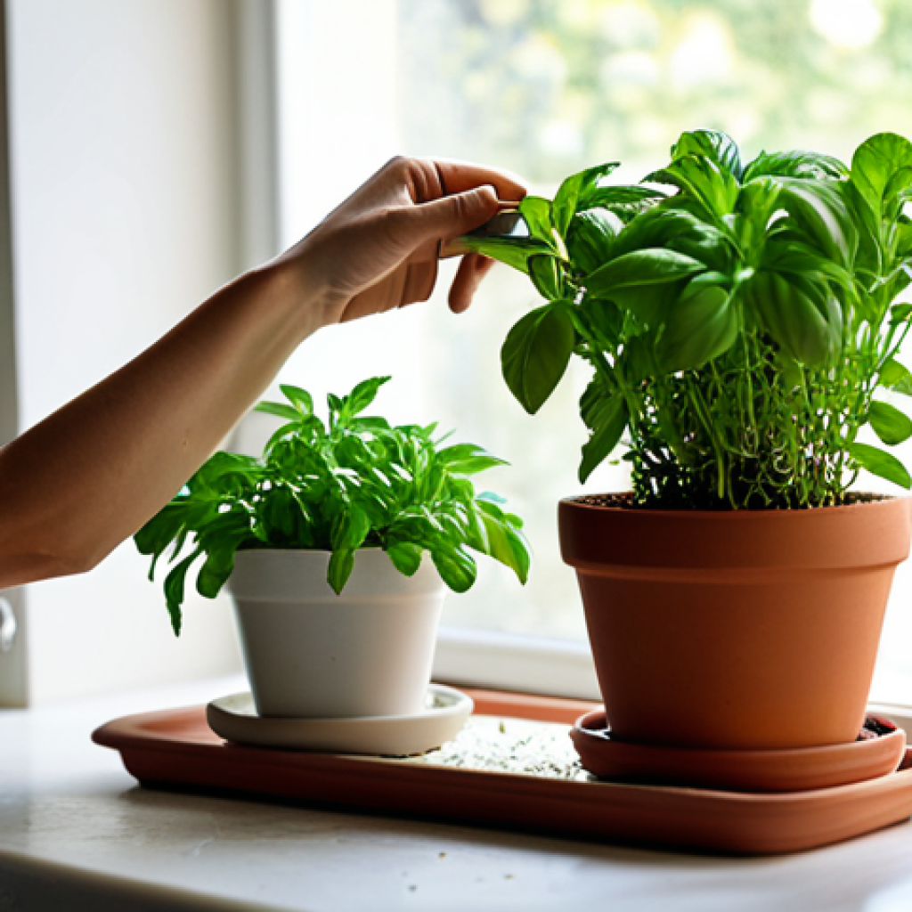 A professional close-up shot of a person's hands, wearing modest, professional clothing, gently tending to an indoor herb garden. Lush green basil, fragrant rosemary, and vibrant mint plants are thriving in terracotta pots on a sunlit kitchen windowsill. The focus is on the healthy, well-formed leaves and the serene act of cultivation, with natural light illuminating the scene. The image conveys a sense of calm and connection with nature, emphasizing fresh, healthy ingredients. safe for work, appropriate content, fully clothed, professional, perfect anatomy, correct proportions, natural pose, well-formed hands, proper finger count, natural body proportions.