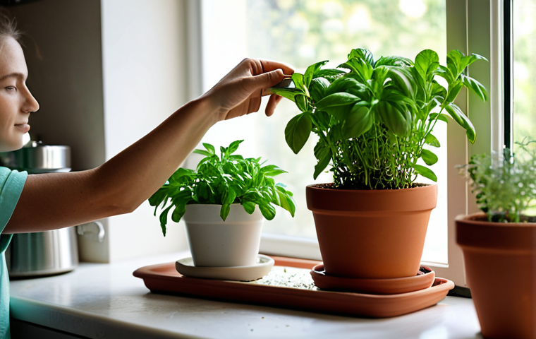 A professional close-up shot of a person's hands, wearing modest, professional clothing, gently tending to an indoor herb garden. Lush green basil, fragrant rosemary, and vibrant mint plants are thriving in terracotta pots on a sunlit kitchen windowsill. The focus is on the healthy, well-formed leaves and the serene act of cultivation, with natural light illuminating the scene. The image conveys a sense of calm and connection with nature, emphasizing fresh, healthy ingredients. safe for work, appropriate content, fully clothed, professional, perfect anatomy, correct proportions, natural pose, well-formed hands, proper finger count, natural body proportions.