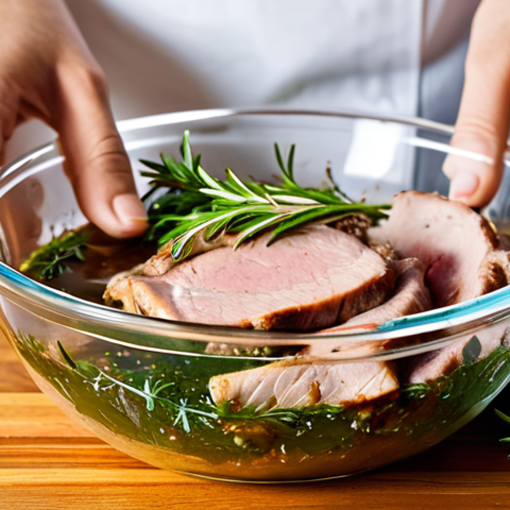 A close-up, professional studio shot of various cuts of meat (pork, chicken, beef) marinating in a glass bowl, submerged in a rich, herbal liquid. Fresh sprigs of rosemary, thyme, and oregano are visibly mixed within the marinade. A hand (fully clothed, perfect anatomy, well-formed hands, proper finger count) is gently stirring the mixture. The background is a clean, modern kitchen counter, slightly out of focus. The scene evokes a sense of culinary artistry and natural freshness. Professional photography, high quality, studio lighting, detailed, vibrant colors, safe for work, appropriate content, family-friendly.