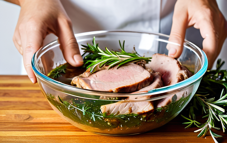 A close-up, professional studio shot of various cuts of meat (pork, chicken, beef) marinating in a glass bowl, submerged in a rich, herbal liquid. Fresh sprigs of rosemary, thyme, and oregano are visibly mixed within the marinade. A hand (fully clothed, perfect anatomy, well-formed hands, proper finger count) is gently stirring the mixture. The background is a clean, modern kitchen counter, slightly out of focus. The scene evokes a sense of culinary artistry and natural freshness. Professional photography, high quality, studio lighting, detailed, vibrant colors, safe for work, appropriate content, family-friendly.