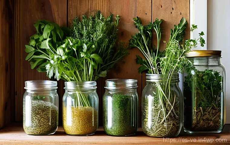 허브의 풍미를 살리는 조리 기법 - **Prompt:** A cozy, sunlit rustic kitchen counter features a vibrant array of fresh and dried herbs....
