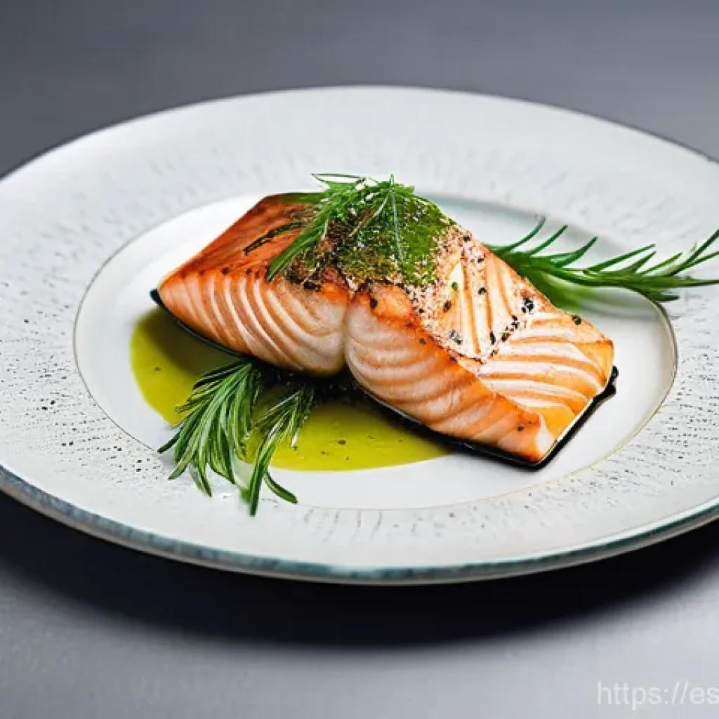 허브로 향미를 더하는 해산물 요리 - **Prompt:** A close-up, top-down view of a beautifully plated gourmet dish featuring perfectly grill...