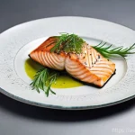 Home 22 허브로 향미를 더하는 해산물 요리 - **Prompt:** A close-up, top-down view of a beautifully plated gourmet dish featuring perfectly grill...