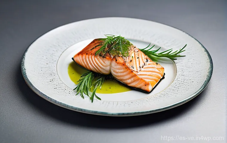 허브로 향미를 더하는 해산물 요리 - **Prompt:** A close-up, top-down view of a beautifully plated gourmet dish featuring perfectly grill...