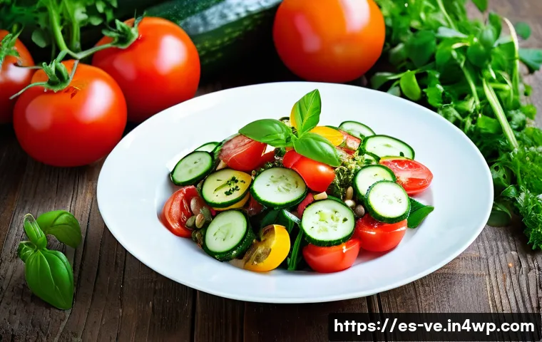 허브와 함께하는 채소 요리의 매력 - A vibrant gourmet vegetable salad artfully garnished with fresh herbs such as basil, cilantro, and p...