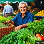 Home 20 허브 풍미를 극대화하는 조리법 - A vibrant Spanish market scene focusing on a vendor’s stall filled with fresh culinary herbs like ba...