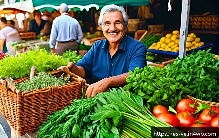 허브 풍미를 극대화하는 조리법 - A vibrant Spanish market scene focusing on a vendor’s stall filled with fresh culinary herbs like ba...