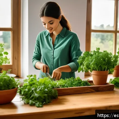 Home 31 허브로 만든 이색적인 드레싱 - A vibrant kitchen scene featuring a rustic wooden table with a variety of fresh herbs such as parsle...