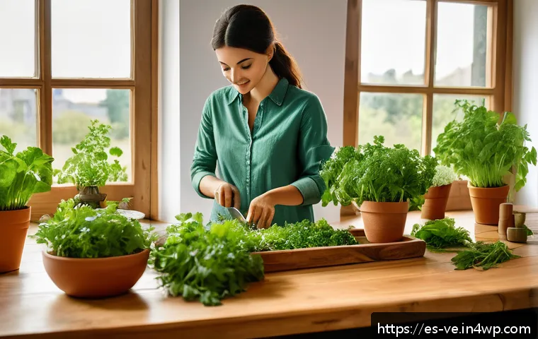 허브로 만든 이색적인 드레싱 - A vibrant kitchen scene featuring a rustic wooden table with a variety of fresh herbs such as parsle...