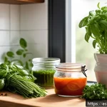 Home 18 허브를 활용한 제철 재료의 맛내기 - A vibrant kitchen scene showcasing a rustic wooden table filled with fresh seasonal herbs such as ba...