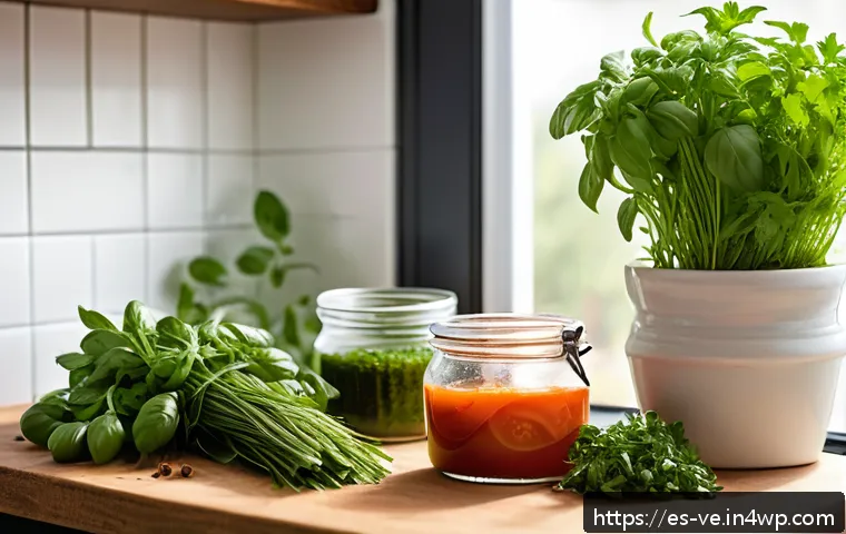 허브를 활용한 제철 재료의 맛내기 - A vibrant kitchen scene showcasing a rustic wooden table filled with fresh seasonal herbs such as ba...