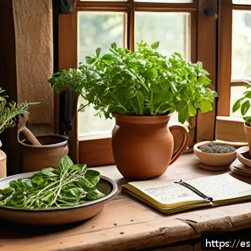 허브의 풍미를 극대화하는 비법 - A vibrant, rustic kitchen scene featuring a wooden table with freshly harvested culinary herbs such ...