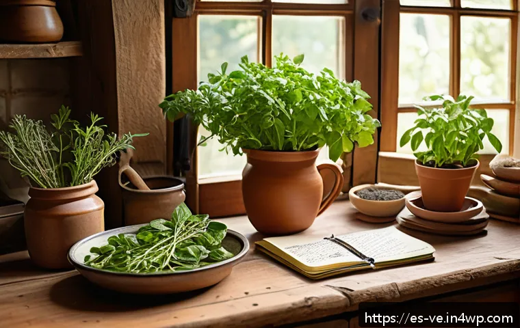 허브의 풍미를 극대화하는 비법 - A vibrant, rustic kitchen scene featuring a wooden table with freshly harvested culinary herbs such ...